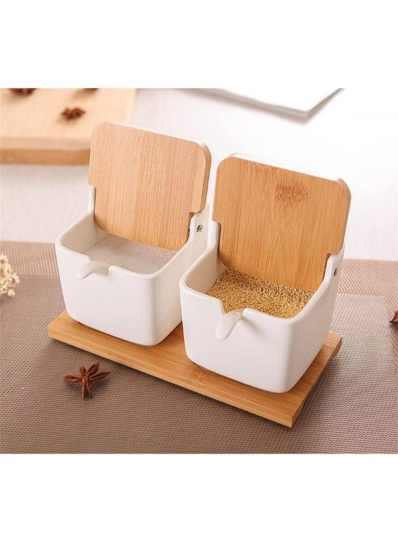 طقم 4 برطمانات توابل سيراميك مربع مع أغطية وملعقة لتخزين الملح والسكر والتوابل. - Image 5